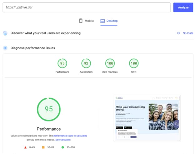 Google Page Insights score for Upstrive.de - 95 Performance, 92 Accessibility, 100 Best Practices, 100 SEO